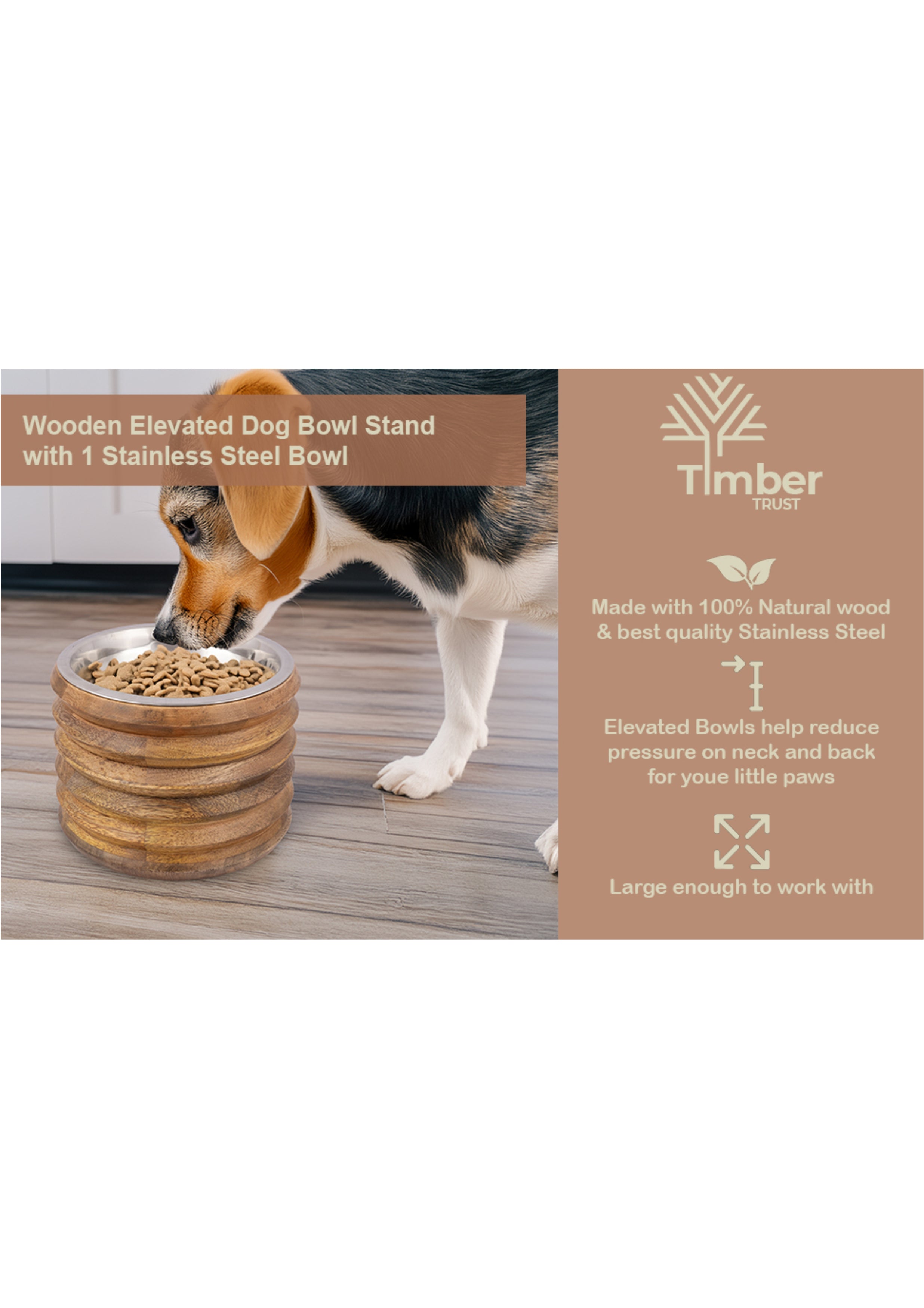 Wooden Elevated Dog Bowl Stand | Single Stainless Steel Bowls for Pets