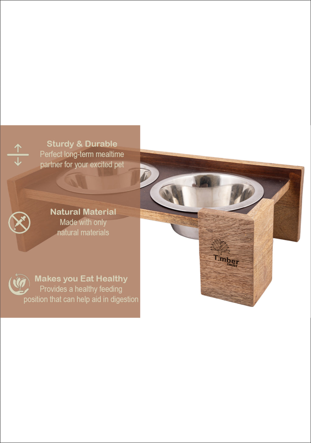 Wooden Elevated Dog Bowl Stand – 5 Inches Raised Feeder with 2 Stainless Steel Bowls for Pets