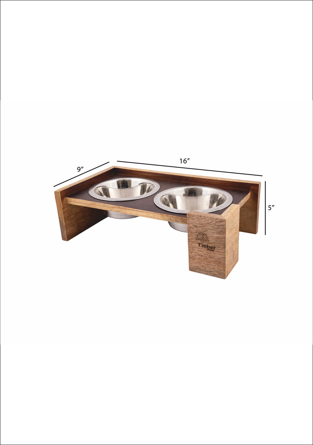 Wooden Elevated Dog Bowl Stand – 5 Inches Raised Feeder with 2 Stainless Steel Bowls for Pets