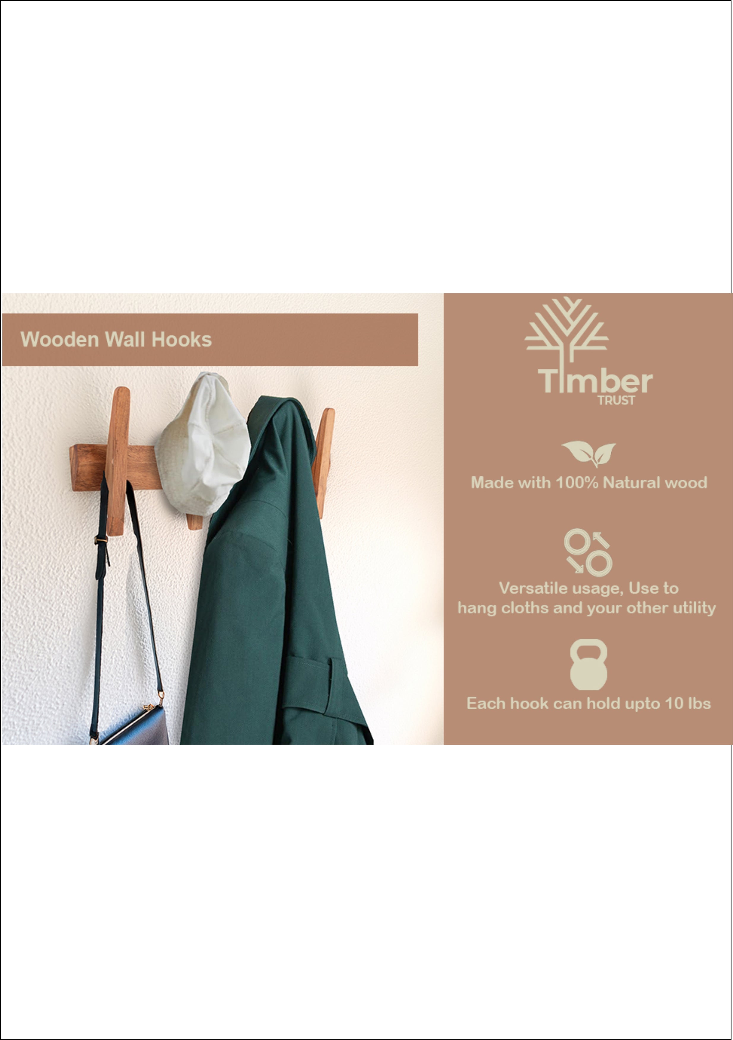 Wooden Wall Hooks, Rustic Wood Wall Hook, Heavy-Duty Coat Hooks, Ideal for Hanging Towels, Clothes, Hats, Bags & Keys