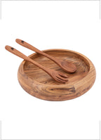Acacia Wood Bowl Set – Round Wooden Serving Bowl with Spoon and Fork, Handmade Large Fruit and Salad Bowl