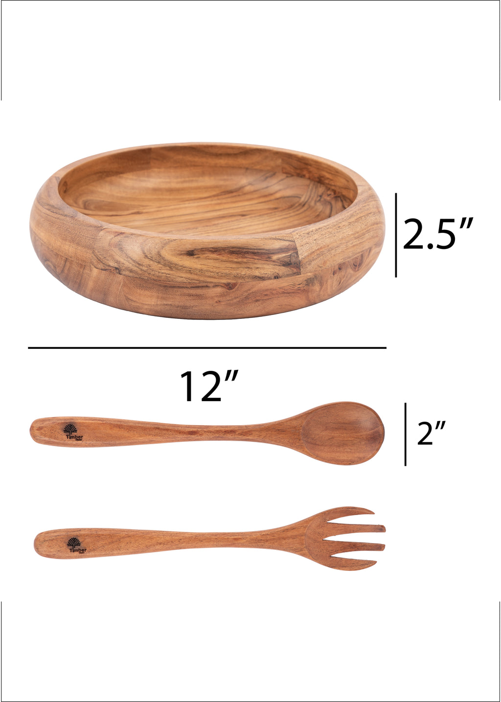 Acacia Wood Bowl Set – Round Wooden Serving Bowl with Spoon and Fork, Handmade Large Fruit and Salad Bowl