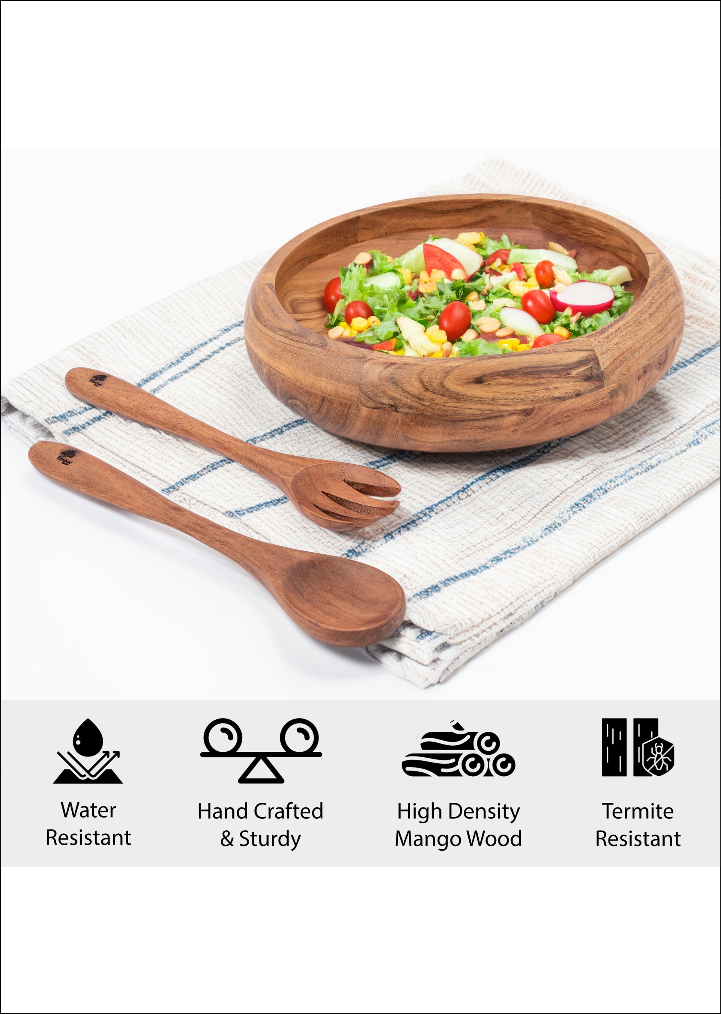 Acacia Wood Bowl Set – Round Wooden Serving Bowl with Spoon and Fork, Handmade Large Fruit and Salad Bowl