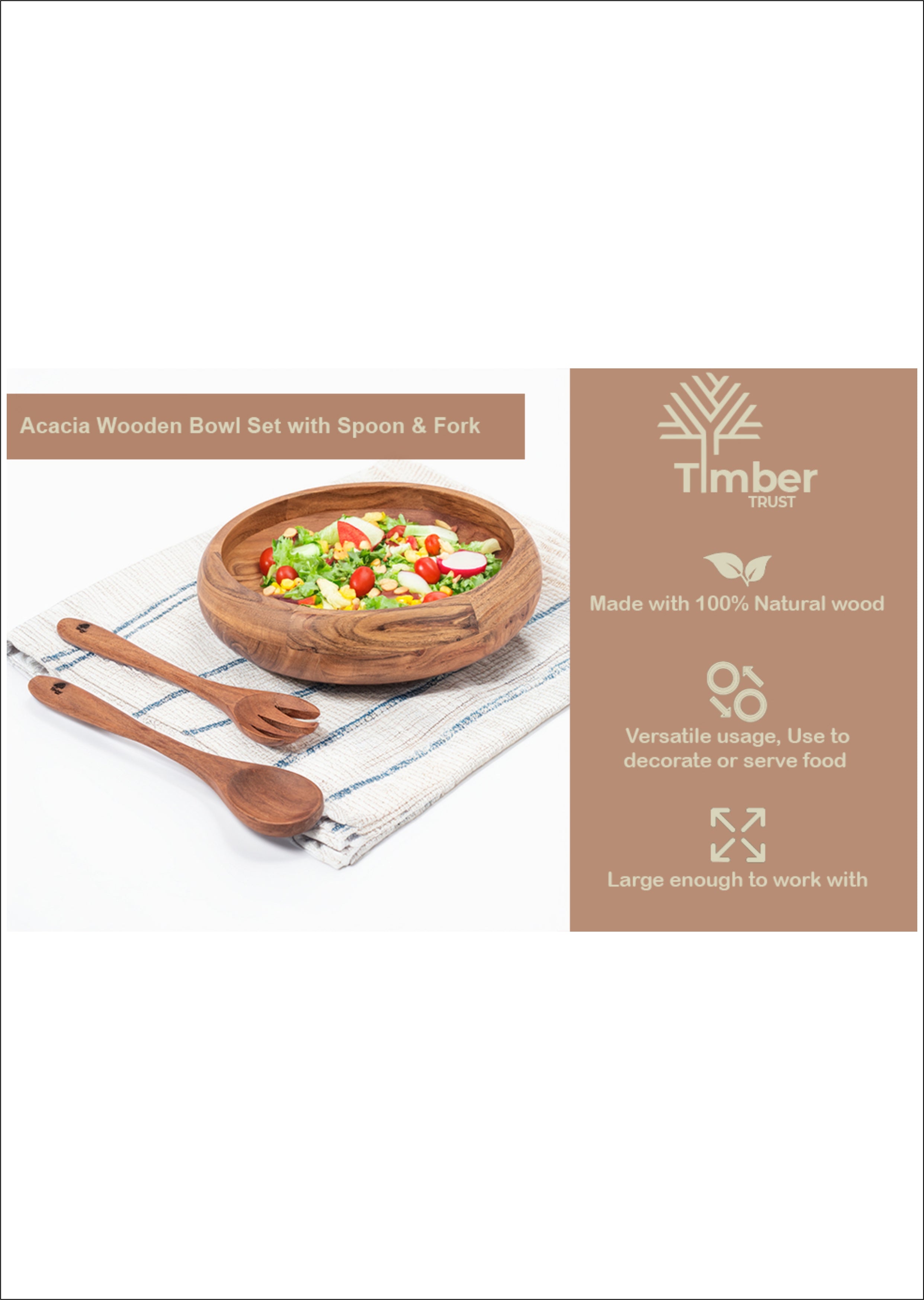 Acacia Wood Bowl Set – Round Wooden Serving Bowl with Spoon and Fork, Handmade Large Fruit and Salad Bowl