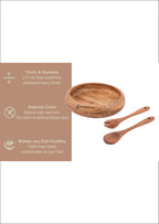 Acacia Wood Bowl Set – Round Wooden Serving Bowl with Spoon and Fork, Handmade Large Fruit and Salad Bowl