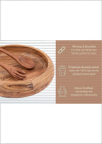 Acacia Wood Bowl Set – Round Wooden Serving Bowl with Spoon and Fork, Handmade Large Fruit and Salad Bowl