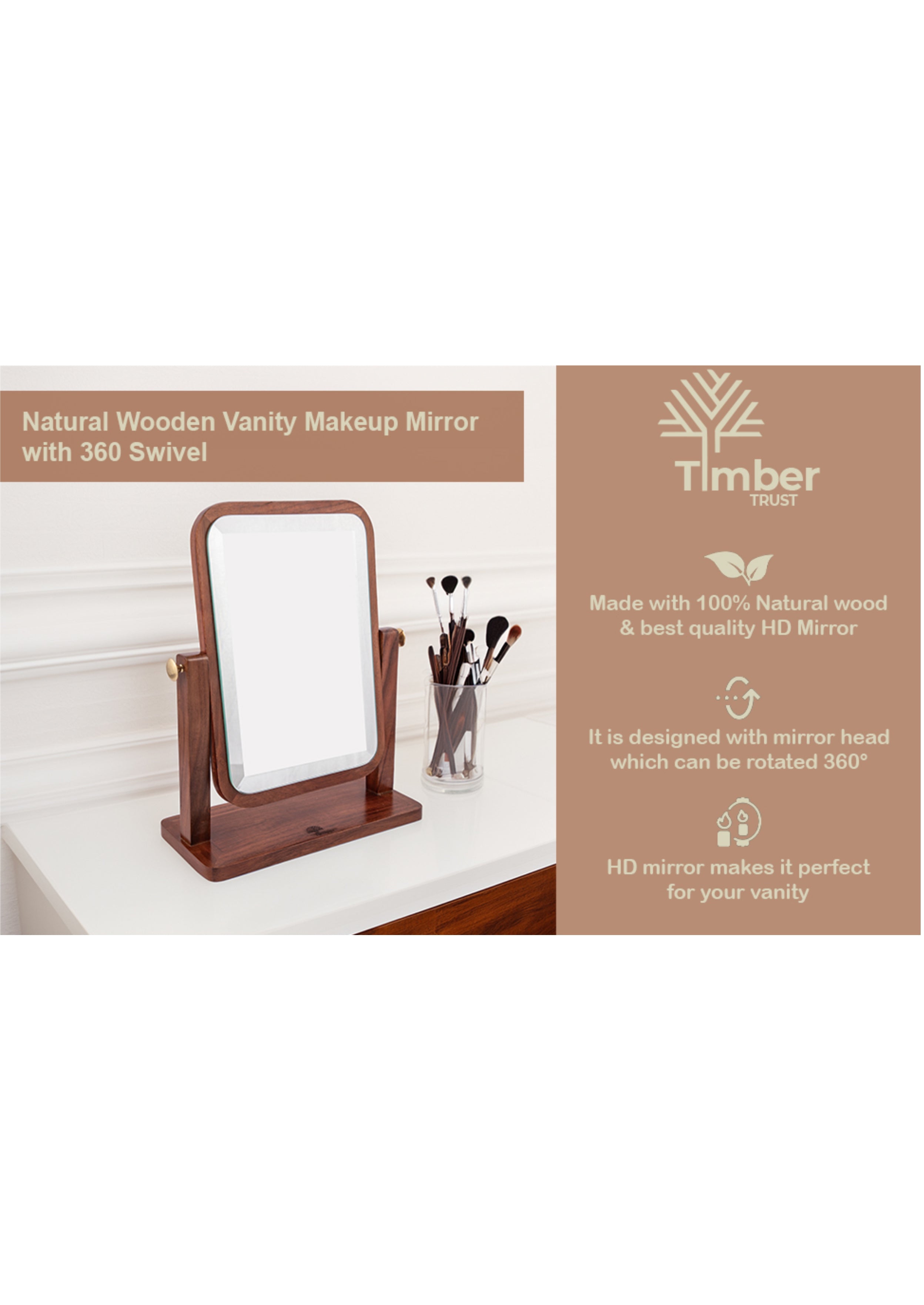 Natural Wooden Vanity Makeup Mirror – 12.5x10.5 Inch Single-Sided, 360-Degree Swivel, High-Definition Countertop Mirror – Portable & Removable Desk Mirror for Private Room & Personal Use