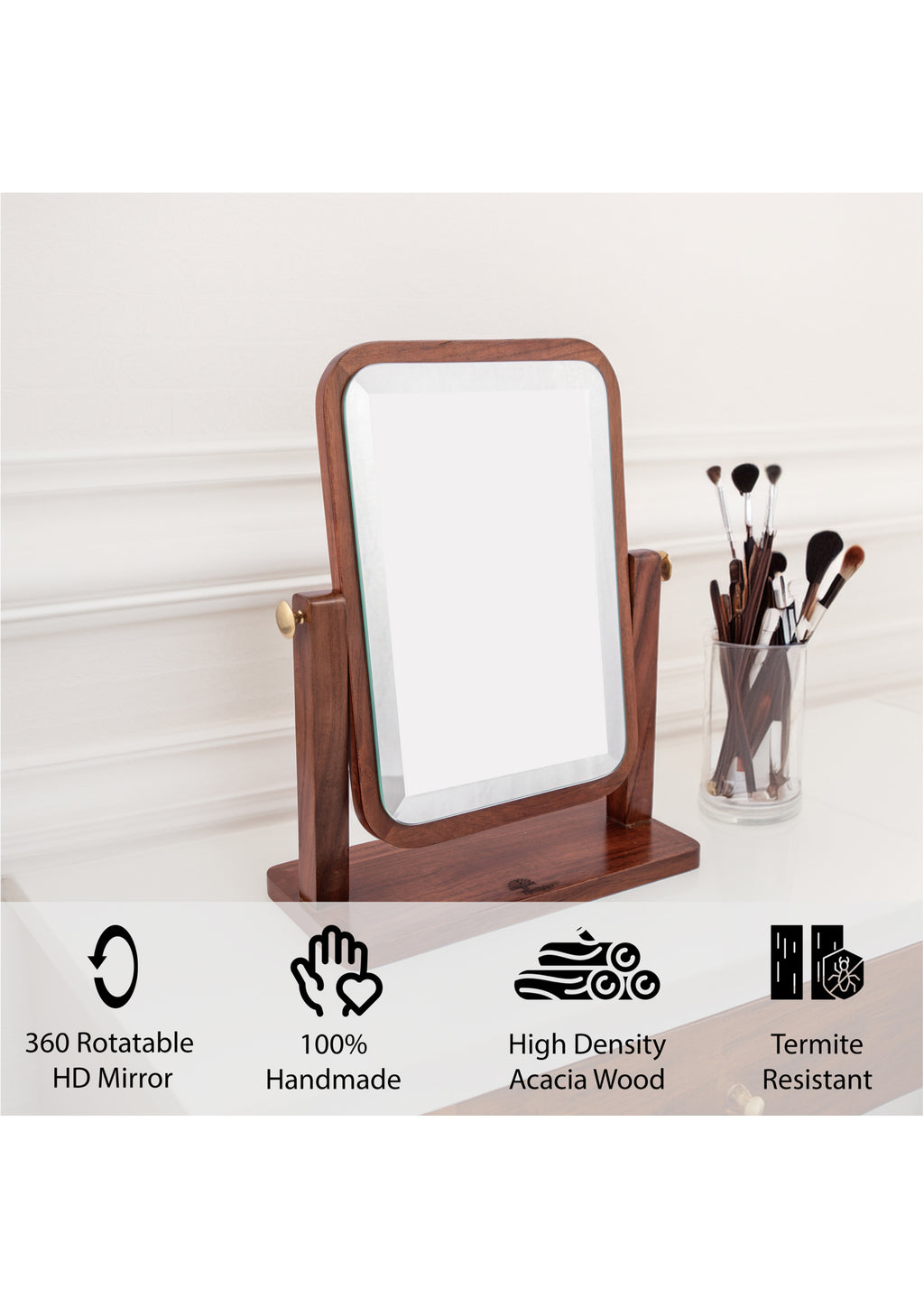 Natural Wooden Vanity Makeup Mirror – 12.5x10.5 Inch Single-Sided, 360-Degree Swivel, High-Definition Countertop Mirror – Portable & Removable Desk Mirror for Private Room & Personal Use
