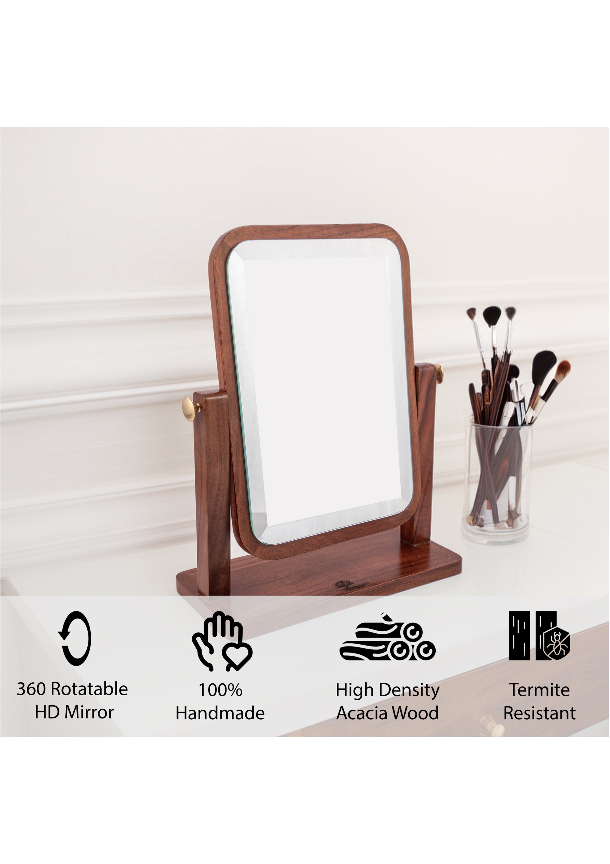 Natural Wooden Vanity Makeup Mirror – 12.5x10.5 Inch Single-Sided, 360-Degree Swivel, High-Definition Countertop Mirror – Portable & Removable Desk Mirror for Private Room & Personal Use