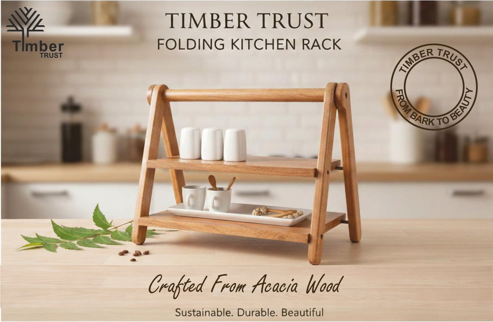 Timber Trust Acacia Wood Foldable Kitchen Rack